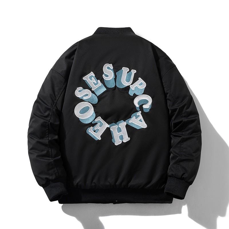 High Street Pilot Padded Jacket Thick Stand Collar Embroidered Baseball Single-Breasted Cotton Coat Men Winter