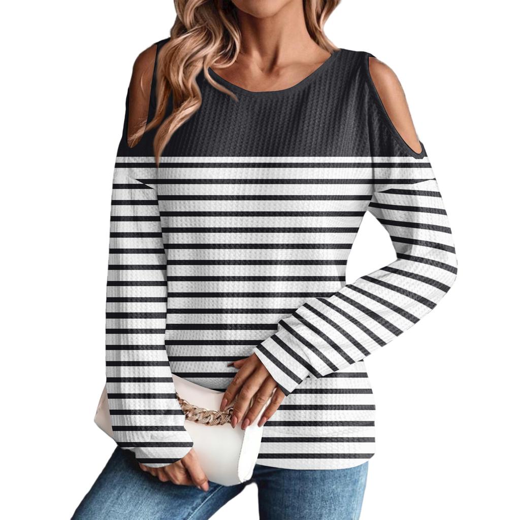 Women's Winter Oversized T-Shirt Fashionable Off-the-Shoulder Round Neck Vintage Floral Print Pullover Long-Sleeved Top