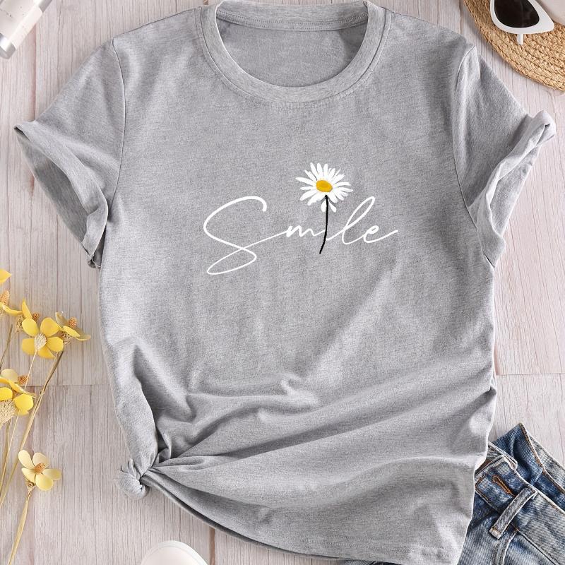 Blumen- & Buchstaben-Print Rundhals-T-Shirt Lässiges Kurzarm-T-Shirt für Sommer Damenbekleidung Bequeme Weiche Kreative Oberteile