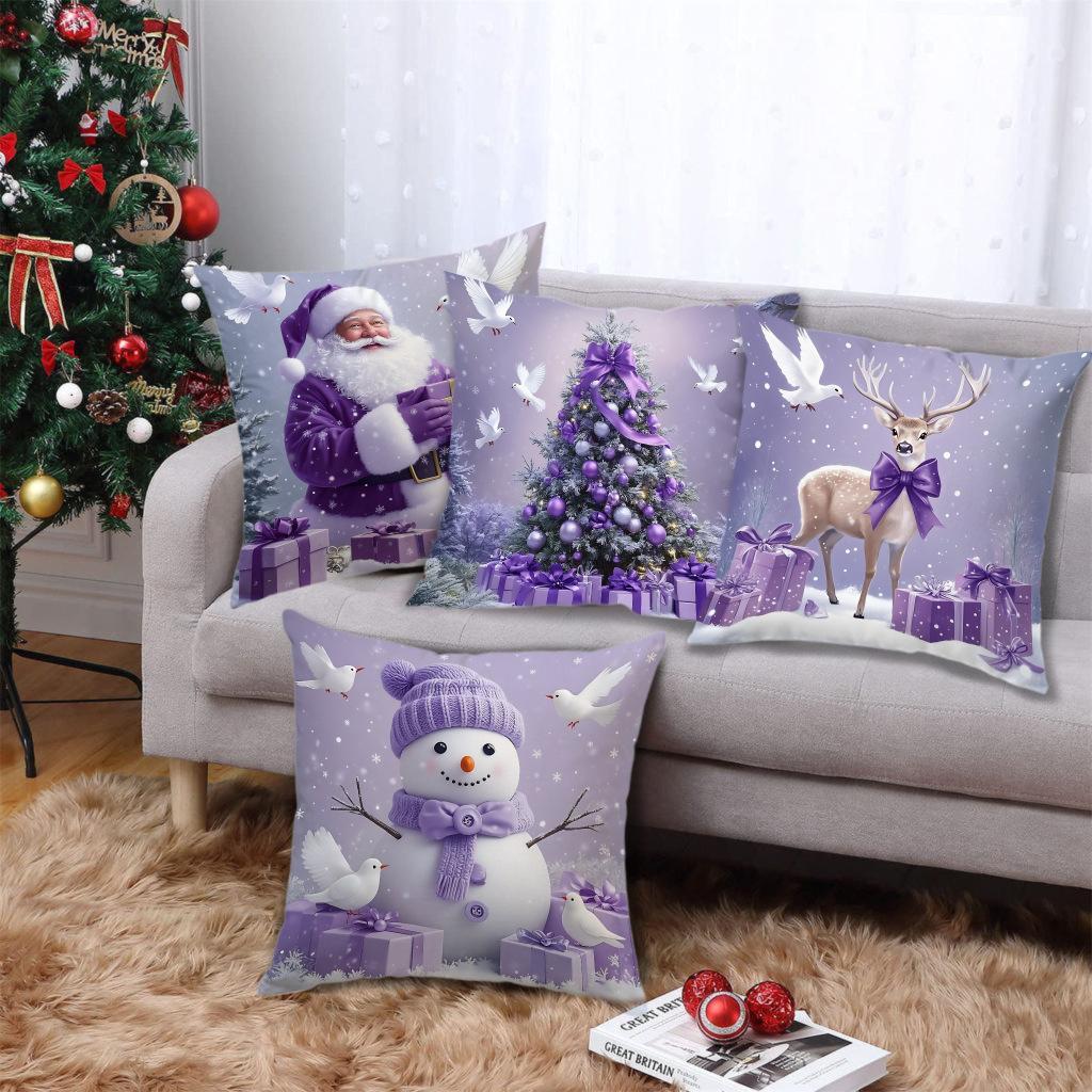 

4pcs Christmas Decorative Square Purple Pillow Cover Santa Claus Snowman Single Sided Printed Pillow Cover 45 * 45cm