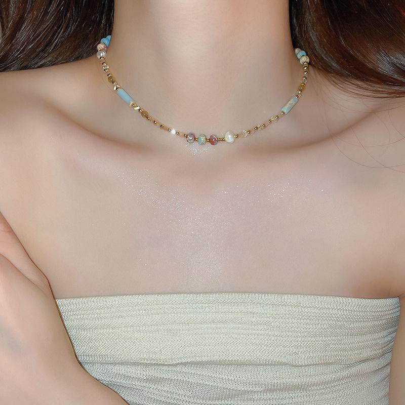 Dopamine Ethnic Retro Beaded Colorful Pearl Choker Necklace - Niche High-End Fashion