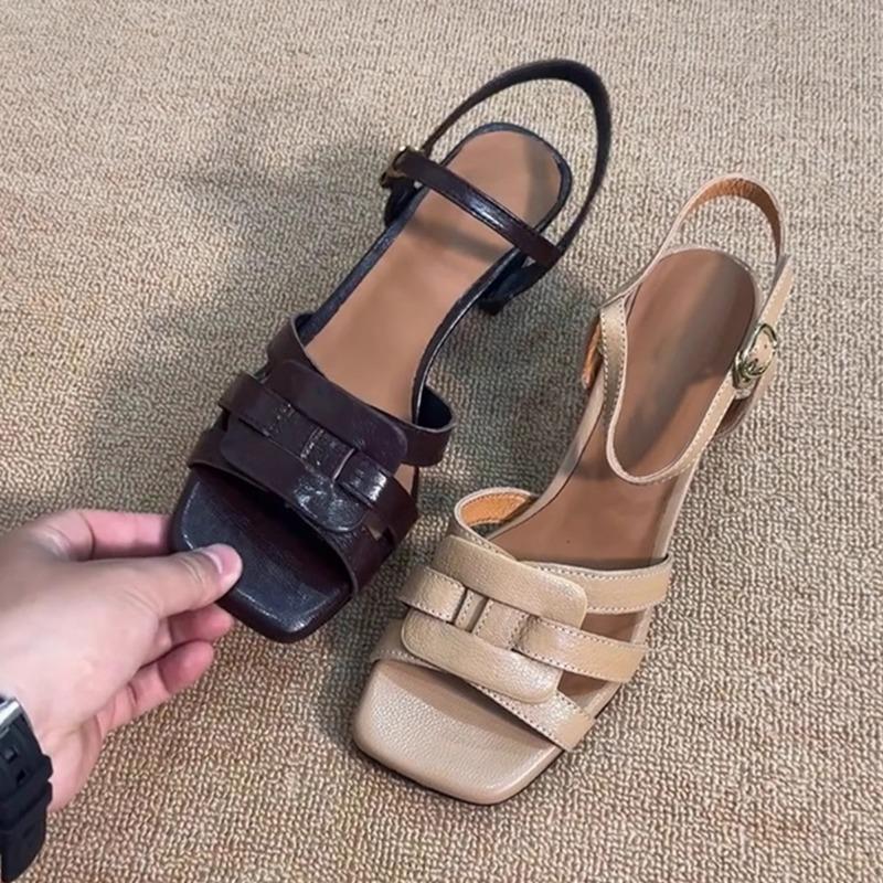 Fashion Summer 2025 New Toe Exposed Square Toe Thick-heeled Sandals for Women's Fashion, Wearing High-heeled Roman Shoes On Top