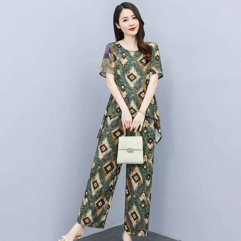 Women's Plus Size Summer Tie-Dye Cotton Linen Suit: Irregular Hem Top & Wide Leg Pants Two-Piece Set