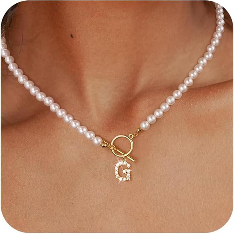 Rhinestone Letter Imitation Pearl Choker Necklace For Women Gold Plated Crystal Initial Pendant Necklace