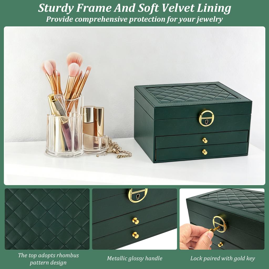 3 Layer Jewelry Box PU Leather Jewelry Organizer Storage Box with Key Tabletop Display Case for Women Earring Necklace Bracelet