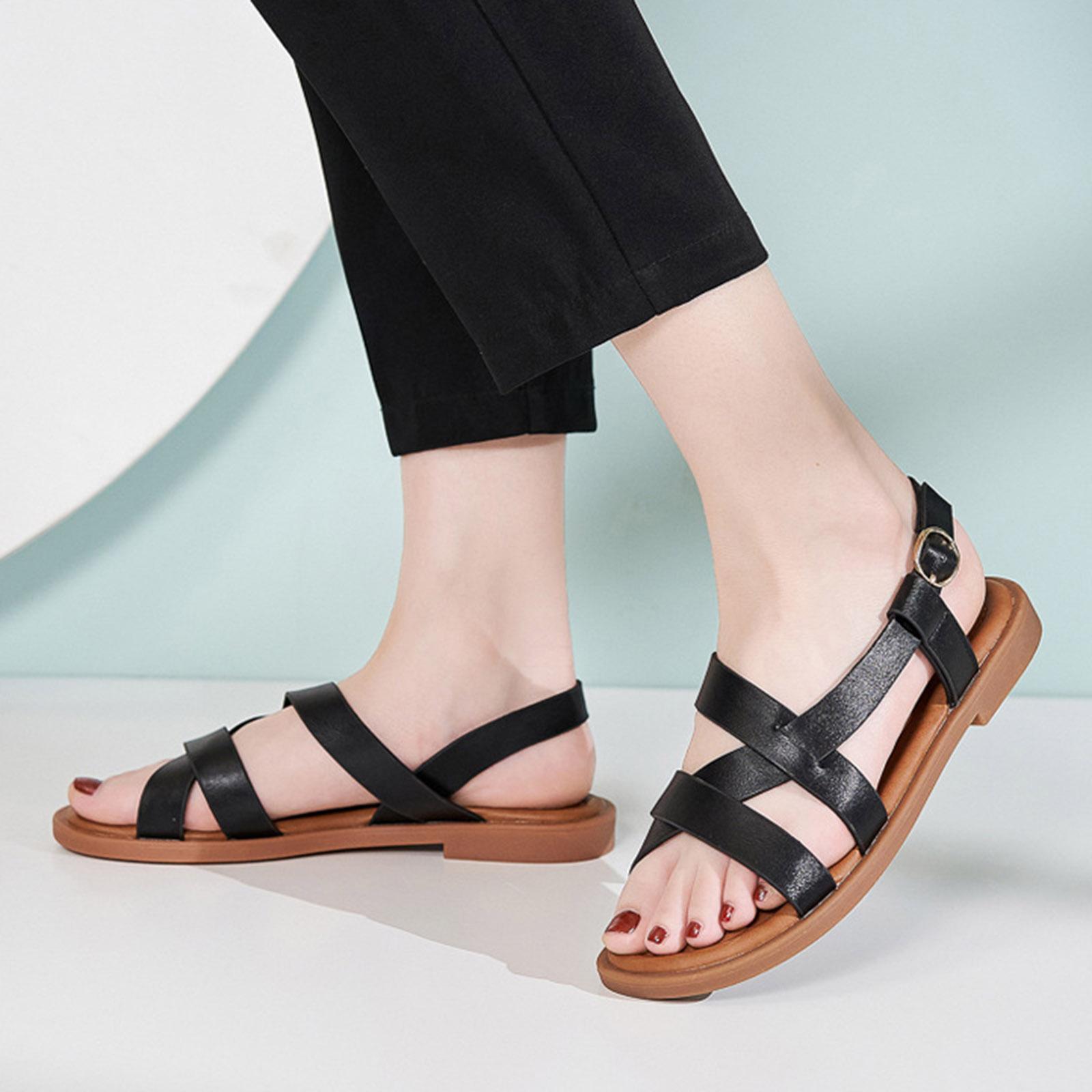 

Women S Flat Sandals With Ankle Strap Leather Slip Summer Shoes Casual Loose Comfy Sweat Shoe For Holiday Wear Chalas Mujer 42 чорний