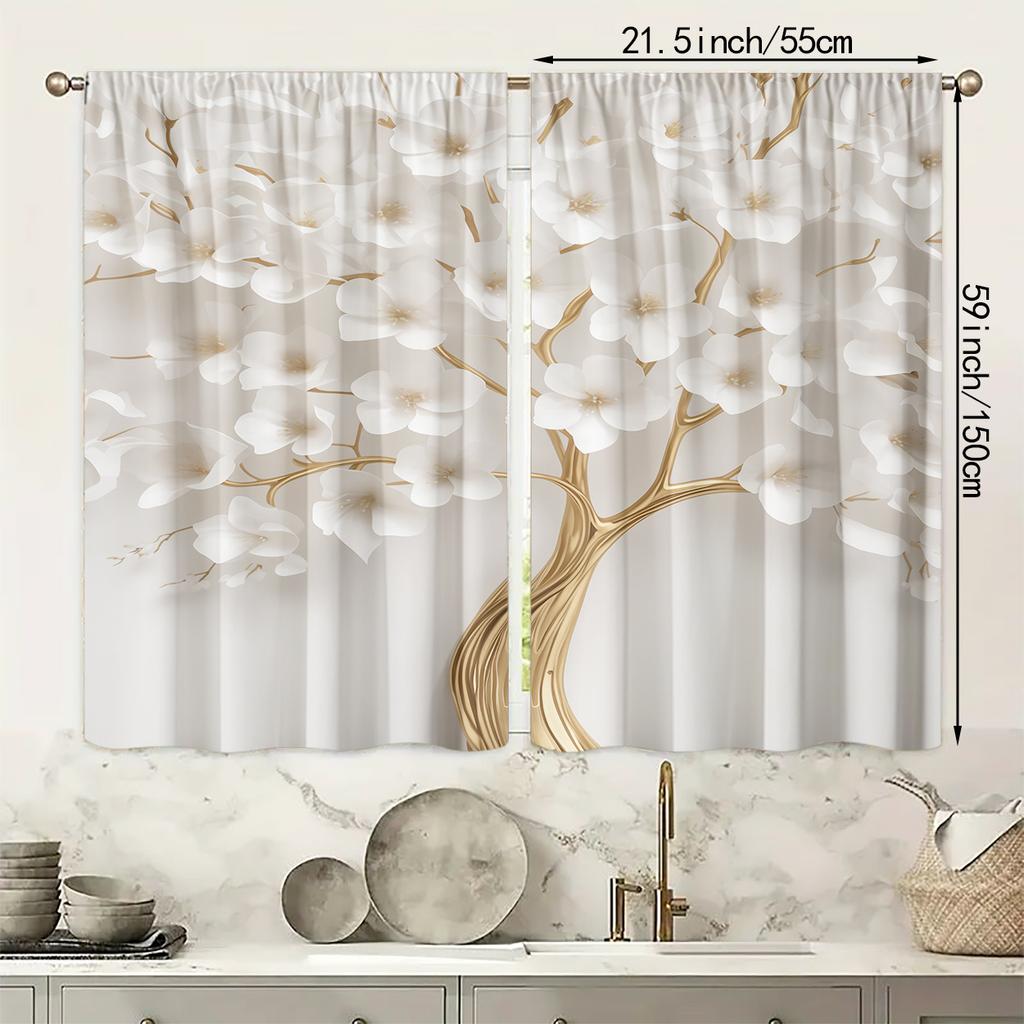 2pcs White Magnolia and Gold Stem Floral Light-Filtering Curtains – Perfect for Bedroom Living Room Office and Home Decor