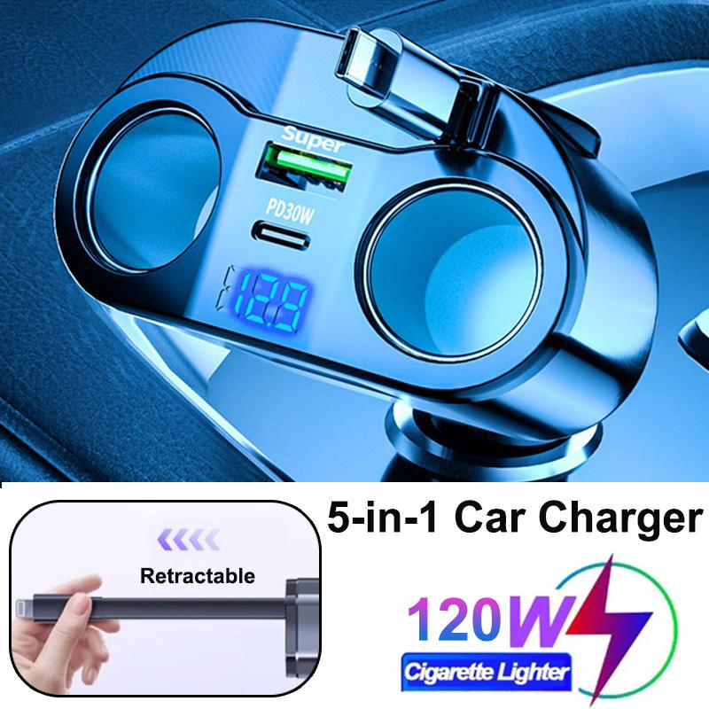 Quick Charge Car Charger USB/PD Port Phone Charger Socket Cigarette Lighter Splitter Voltage with Intelligent Voltage Display