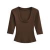 Women's Spicy Girl Deep U-Neck Sexy T-Shirt: Summer Slim-Fit, Elastic Mid-Sleeve, Pure Desire Top
