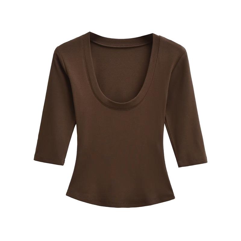 

Женская сексуальная футболка с глубоким U-образным вырезом в стиле Spicy Girl: Летний облегающий топ с эластичными рукавами средней длины, Чистое Желание Small