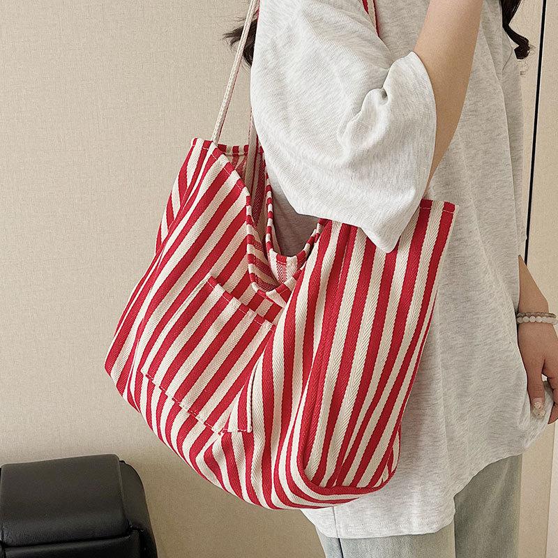 Simple Casual Striped Lazy Wind Large Capacity Tote Bag Female Student Commuting Fashion Shoulder Bag