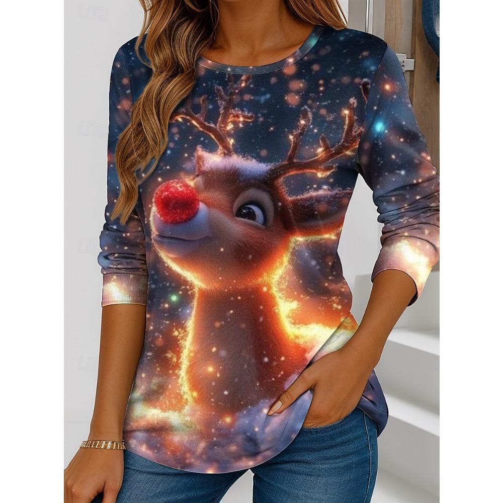Christmas Women's T-shirt Cute Animal Elk 3D Print Crew Neck Outdoor Festival Long Sleeve T Shirts Women Clothing Pullover