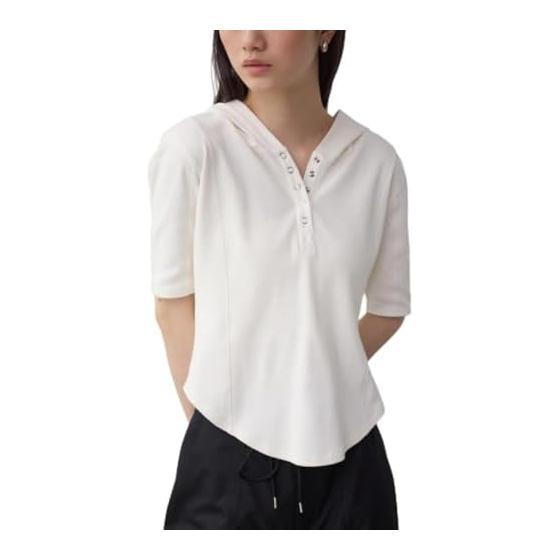 [Azure by Mausie] Henley Neck Hoodie Ribbed Tops Women s 250ISC80-488E