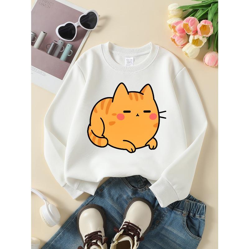 Kids' Sweatshirts, Girls' Sweatshirts, Girls' Autumn Winter Fashion Cute Orange Cat Print Long Sleeve Round Neck Sweatshirt