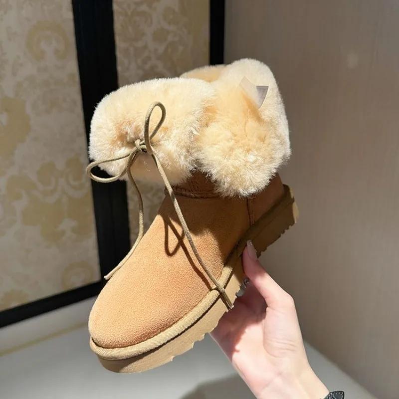 Fashion New Retro Winter Cow Suede Warm Snow Boots Handmade Women's Cute Round Head Thick Bottom with Suede Warm Cotton Boots Size 40