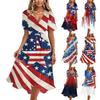 Women’s V Neck Short Sleeve Midi Dress with Star and Stripe Print High Waist Flowy A Line Summer Dress for Casual or Holiday Wear
