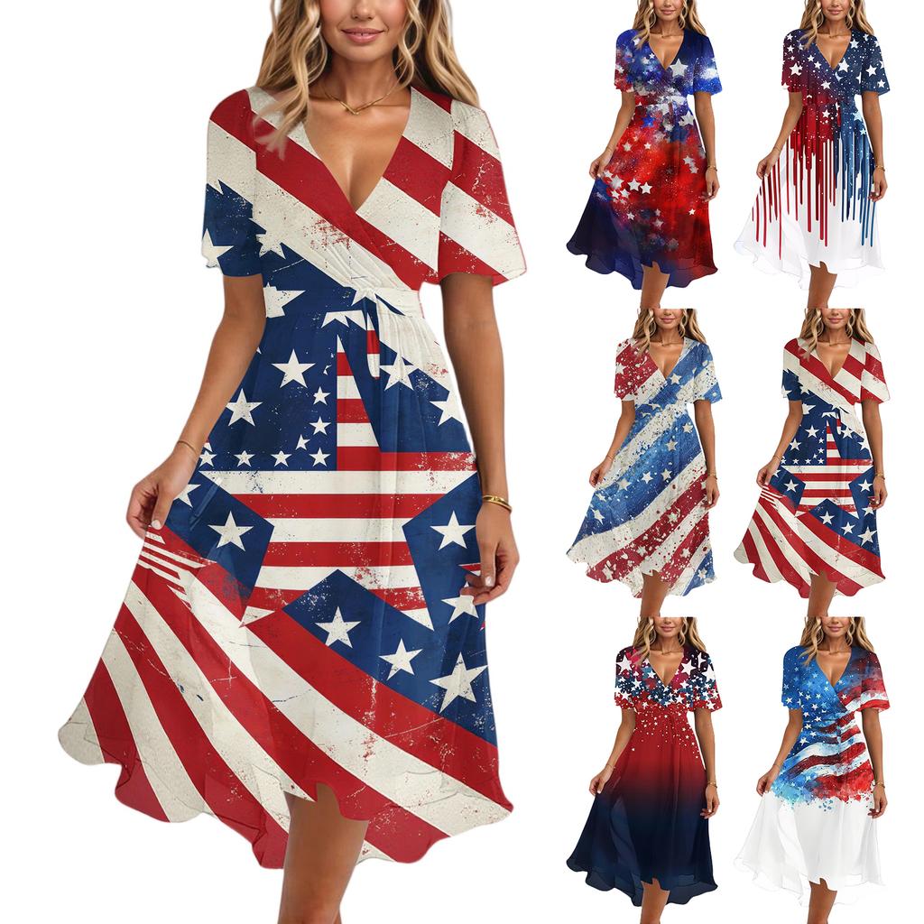 Women’s V Neck Short Sleeve Midi Dress with Star and Stripe Print High Waist Flowy A Line Summer Dress for Casual or Holiday Wear