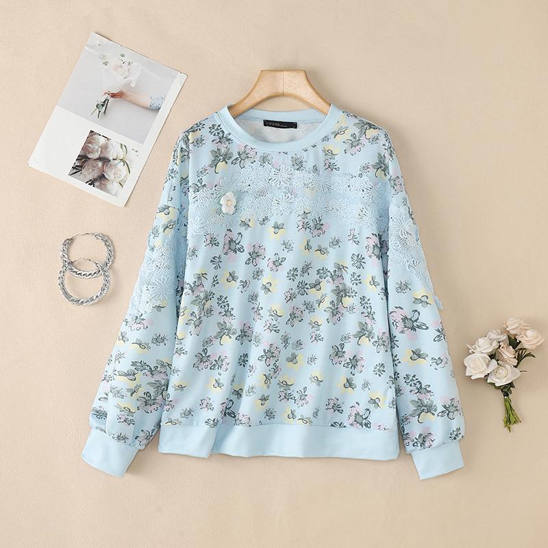 ZANZEA Women Round Neck Long Sleeve Lace Patchwork Floral Print Tee Tops