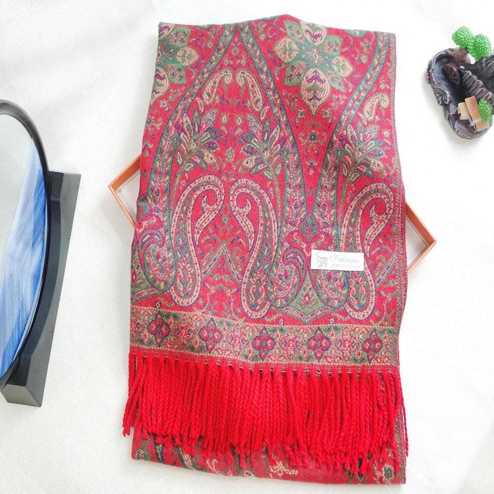 

Cashew pattern long jacquard ethnic style vintage fringed shawl, dual-use scarf for women, warm travel cape 65*210 красный