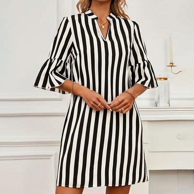 Summer Women's Striped A-line Dress Midi Flared Sleeve Loose Short Skirt Skirt Dresses