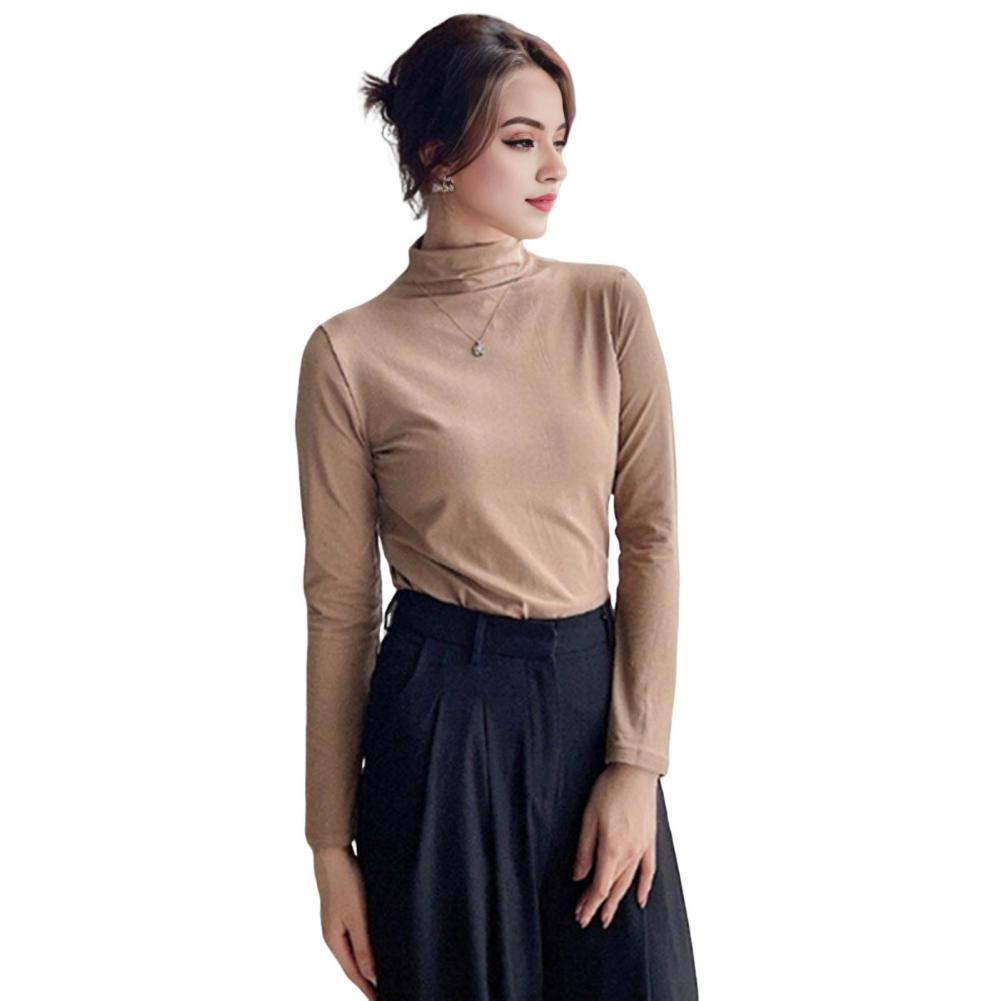 Soft Long Sleeve Blouse Stylish Women's Long Sleeve Tops Slim Fit Half-high Collar Shirt Solid Color Bottoming for Daily for A
