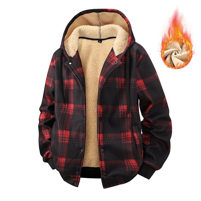 Plaid Hooded Fleece Jacket Men Warm Loose Fit Casual Outdoor Winter Coat