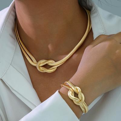 WENN MICH Gold Geknotet Gewickelt Schlangenknochen Armband Halskette Set Umweltfreundlicher Eisenschmuck Frauen Elegant Täglich Party Accessoire Geschenk
