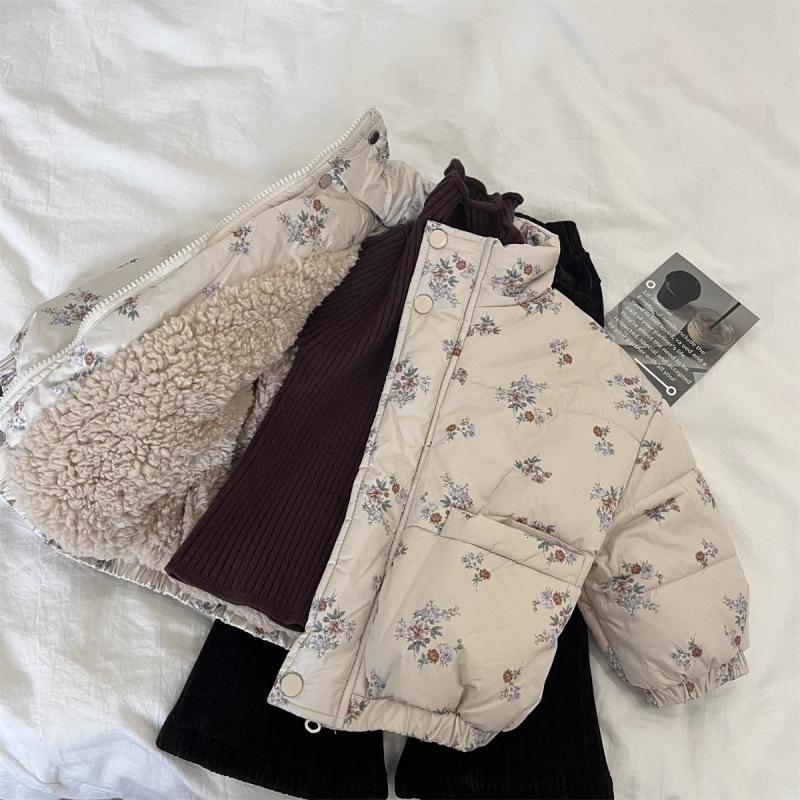 

Зимние парки для малышек, хлопковые с подкладкой, с цветочным принтом, с длинным рукавом, верхняя одежда для девочек, пальто, свободные, утепленные, теплые, детский комбинезон для снега 90