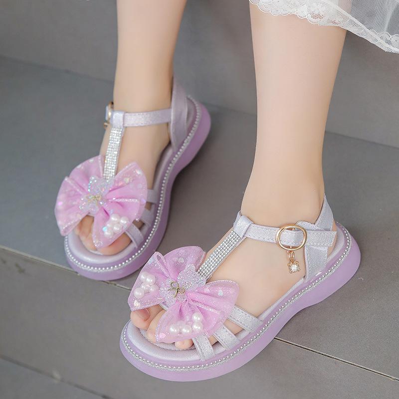 Sandálias para meninas, urso fofo, pérolas, 2024, novos, simples, sapatos infantis, respiráveis, sapatos Mary Jane para festas, casamentos, shows, antiderrapantes