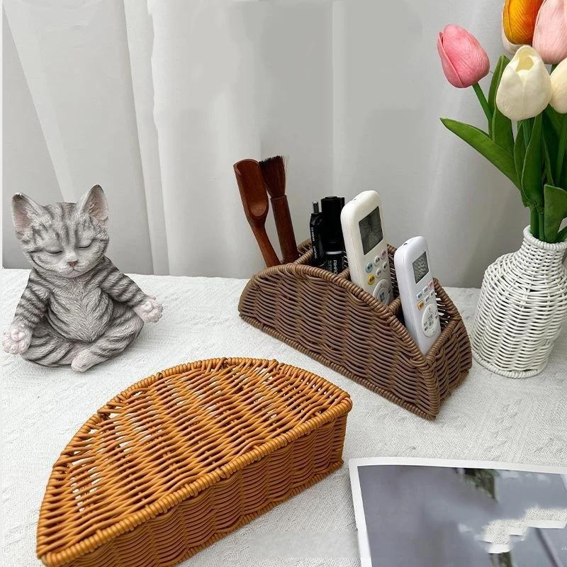 Multi-Use Weaving Storage Basket Plastic Weave Pattern Woven Basket Brown Grey Compartmentalized Organizer Basket