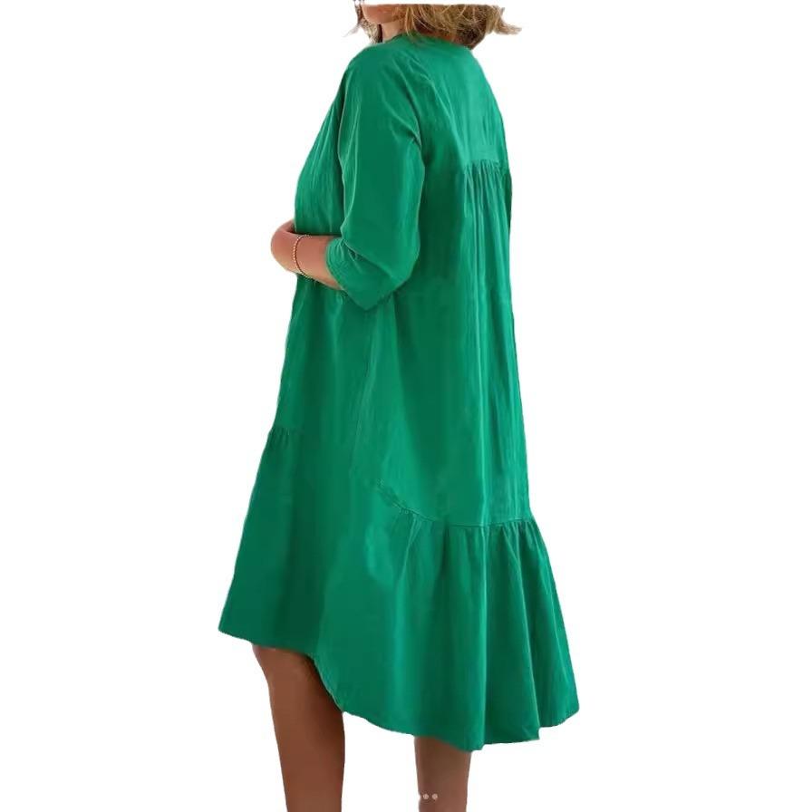 V-Ausschnitt-Baumwollkleid mit Rüschen für Damen, Sommer, einfarbig, kurzärmelig, lockeres Kleid, lässig, plus, atmungsaktiv, leichtes Midikleid, Strandurlaub