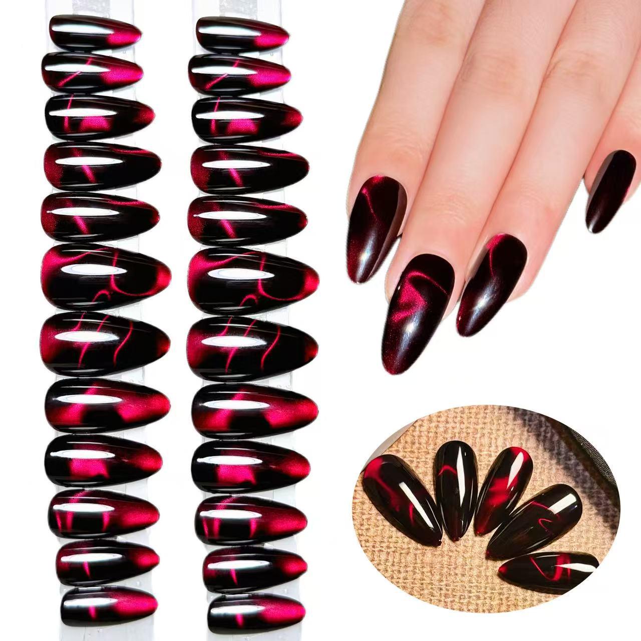 Black & Red Halloween Cat Eye Wearable Nails