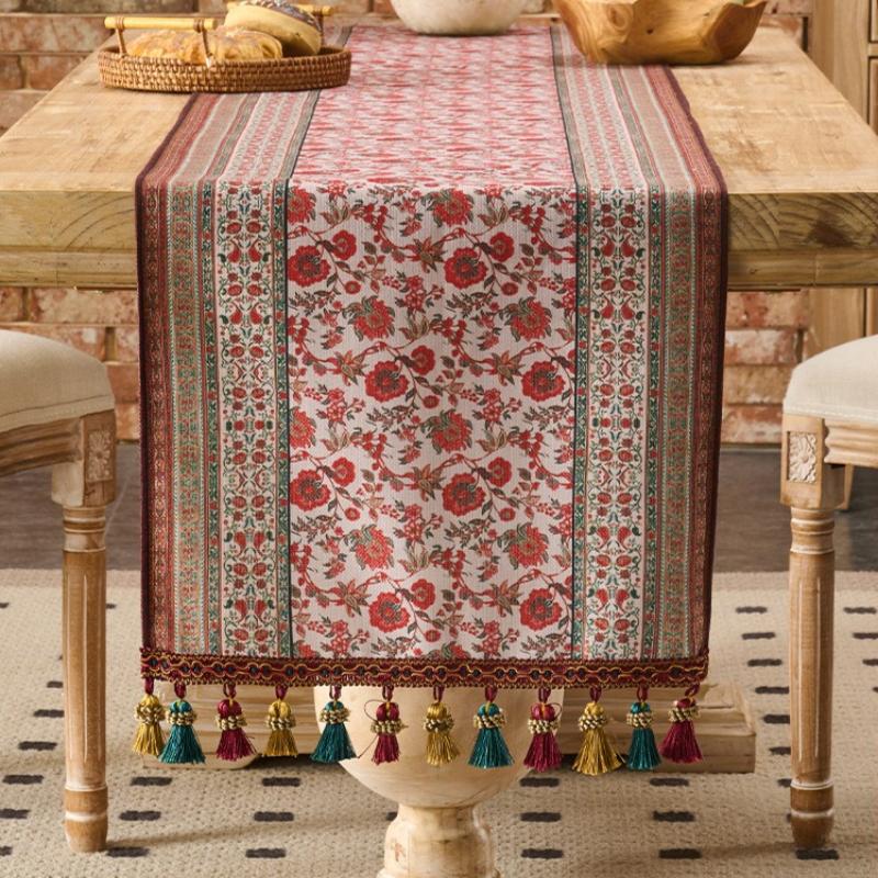 Retro High-end Table Flag Restaurant Waterproof Oil Resistant Table Mat Holiday Home Tea Table Cabinet Jacquard Tassel Wrinkle-resistant Table Runner