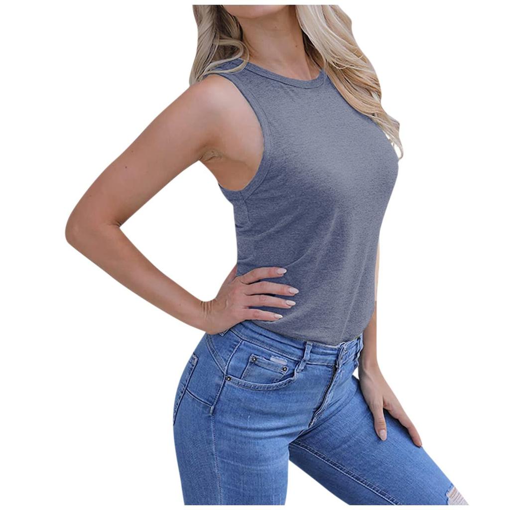 Womens Casual Round Neck Loose Solid Color Sleeveless Top T-shirt Blouse
