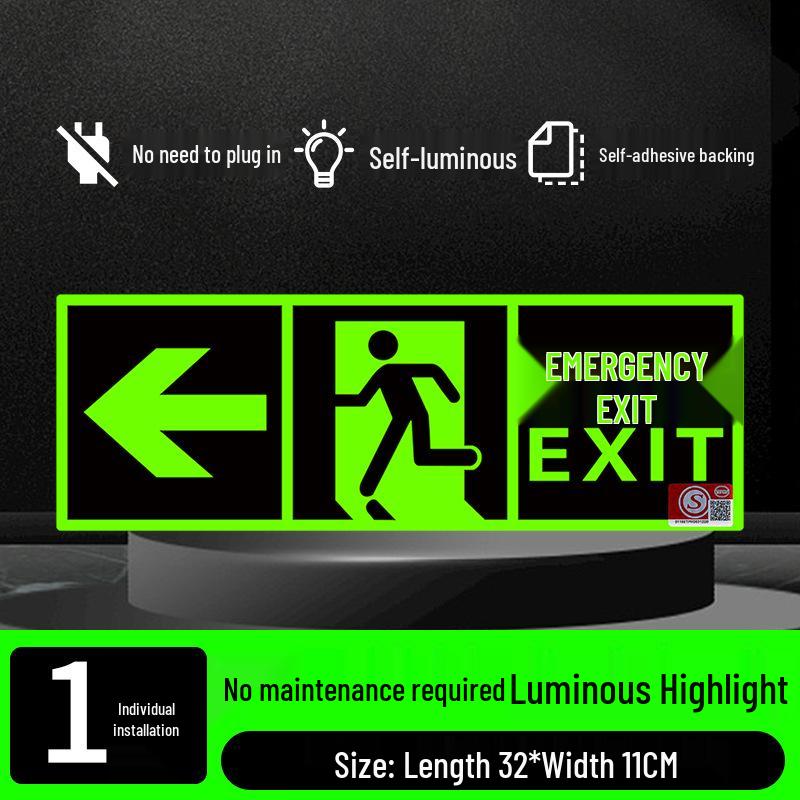 Fluorescent Fire Exit Sign - Self-Adhesive, No Wiring