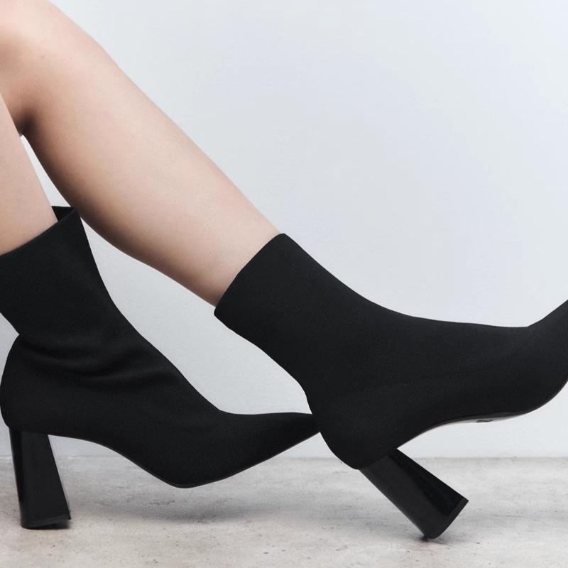 NEW 2025 Elastic Fabric Sock Boots Women Comfortable Square Toe Chunky Heeled Designer Ankle Short Boots Botines Para Mujeres