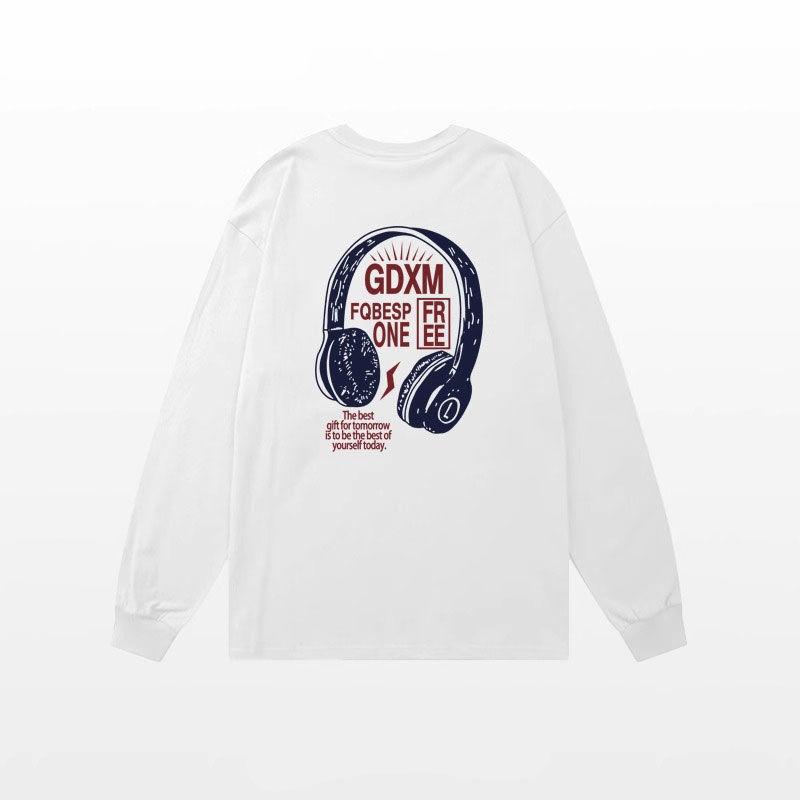 

Headphone Printed Loose Round Neck Pullover Sweatshirt Long-sleeved T-shirt Men s Thin Sweatshirt S