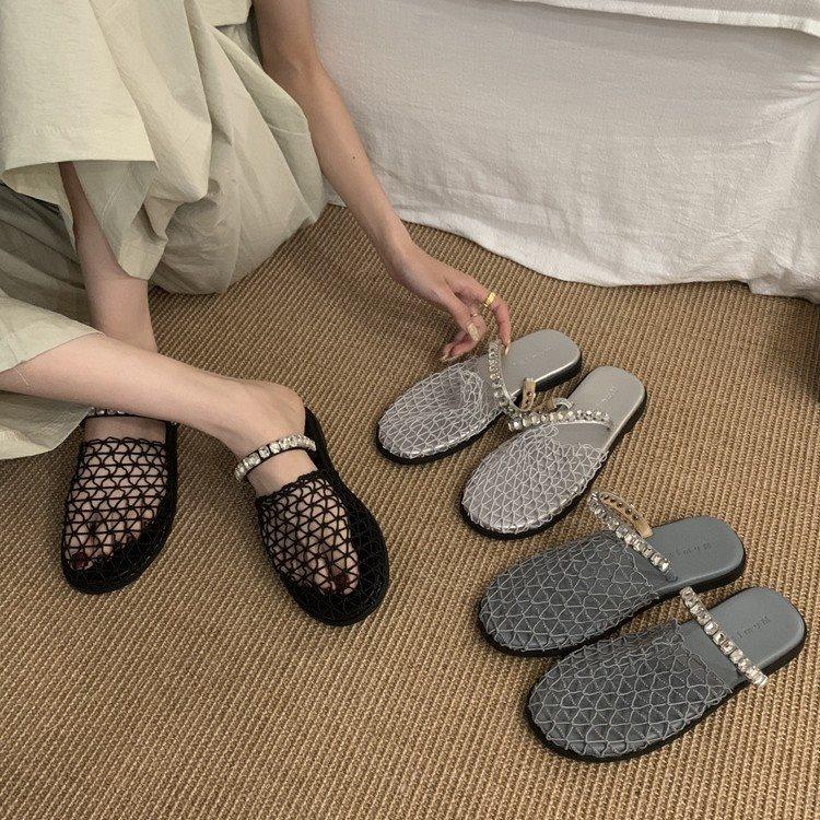 Mesh Soft Bottom Summer Rhinestone Roman Sandals Vacation Beach Wear French Bag Head Half Slippers Women'S Shoes