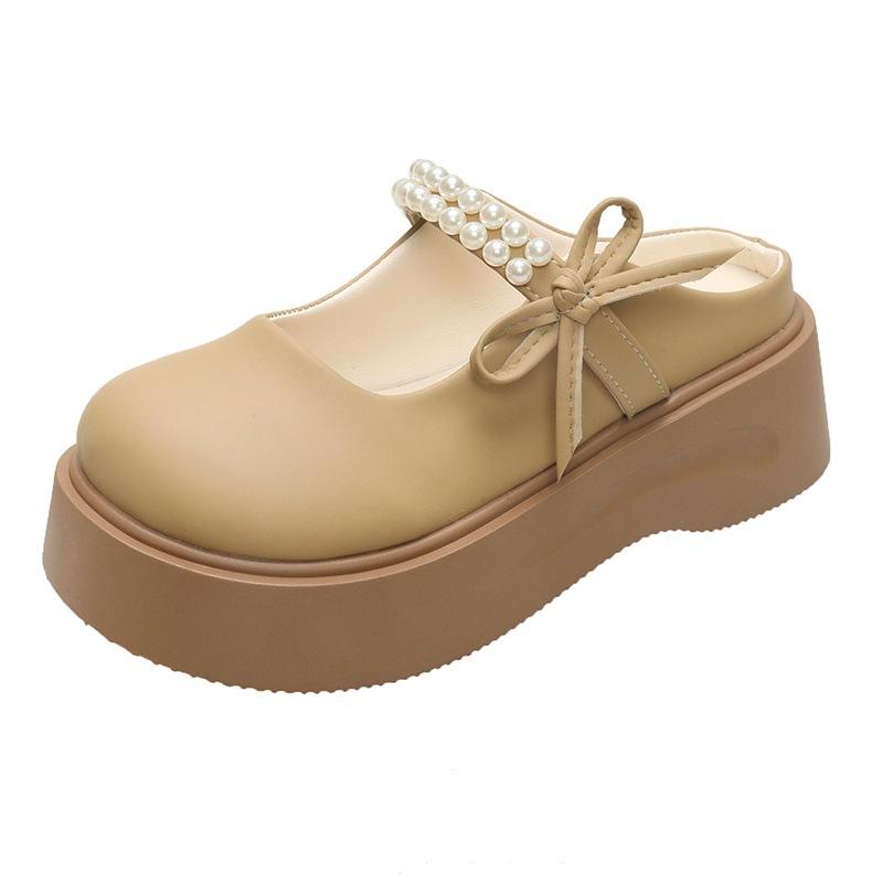 

Туфли Мэри Джейн на толстой подошве с жемчужным бантом, с закрытым носком и полушлепанцы, женские новые модели для весны и лета для улицы 40 хаки