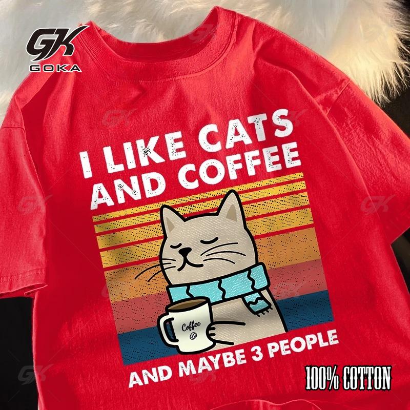 

I Like Cats and Coffee Men Women T-Shirt Cotton Tee Clothes Hip Hop Loose Tshirt Casual Crewneck T-Shirt Streetwear Couple S