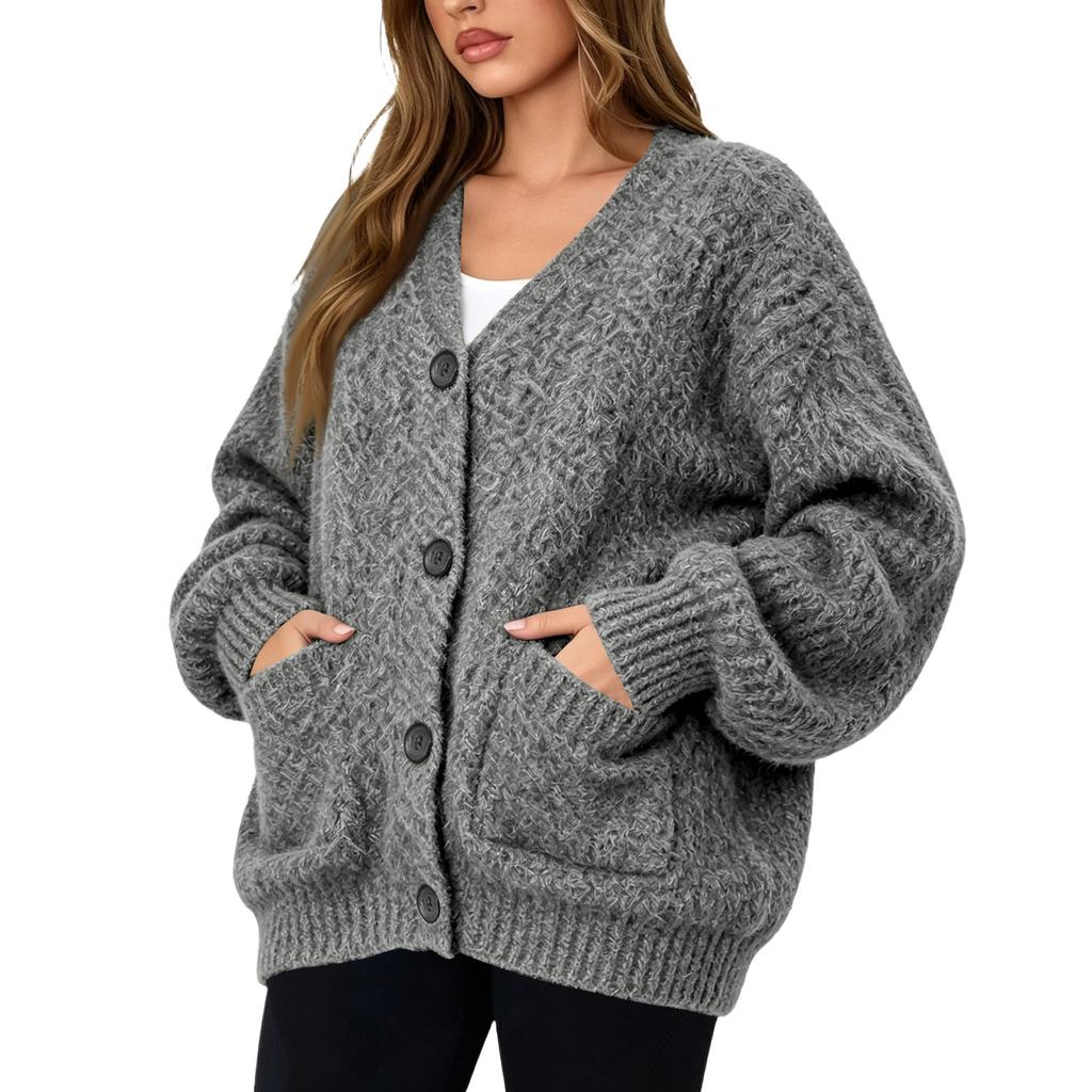 Damen-Farbiger lockerer Strickjacke in mittlerer Länge mit Taschen
