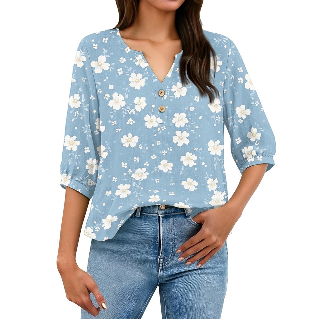 Women’s Casual Floral Print Henley Neck Button Front Cotton Linen Shirt with Three Quarter Sleeves and Relaxed Fit Top