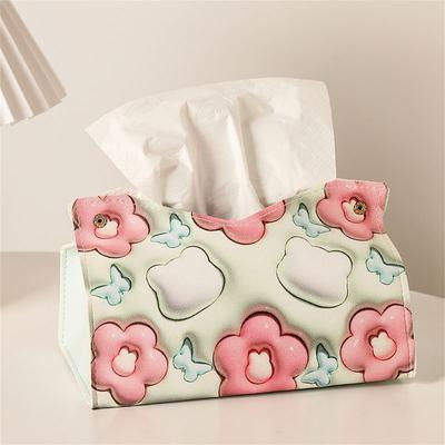 3D Vizuální Efekt Květinový Potisk Krabička na Kapesníky Ins Styl Pouzdro na Papírové Ubrousky Roztomilá PU Kůže Domov Auto Úložné Krabice na Papír Dárky pro Dívky