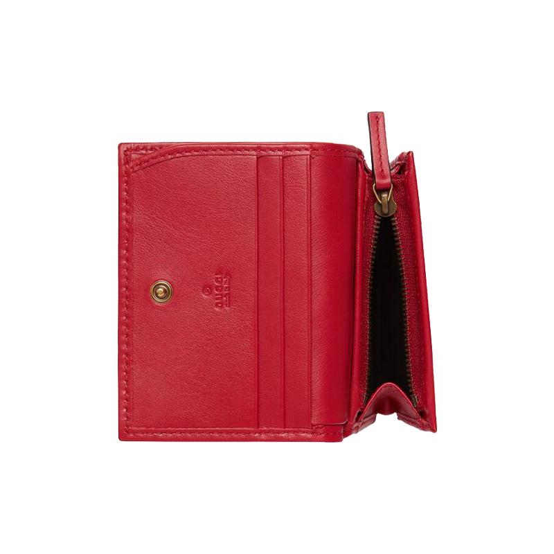 Gucci GG Marmont Series Marmont Gold Label Logo Bi-fold Flip Quilted Leather Card Holder Wallet Women's Red
