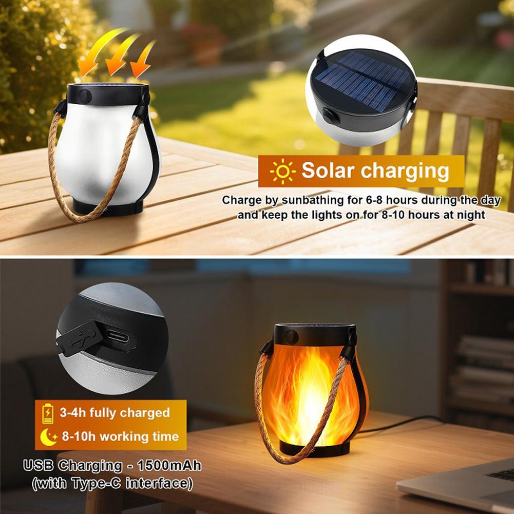 Solar Flame Light Rechargeable Hanging Courtyard Decoration Garden Lantern Lighting Lamp with Hemp Rope Outdoor Camp Decor Lamp