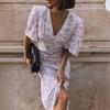Short-sleeved Floral Dress European and American Summer New V-neck Front Shoulder High Waist Long Floral Dress