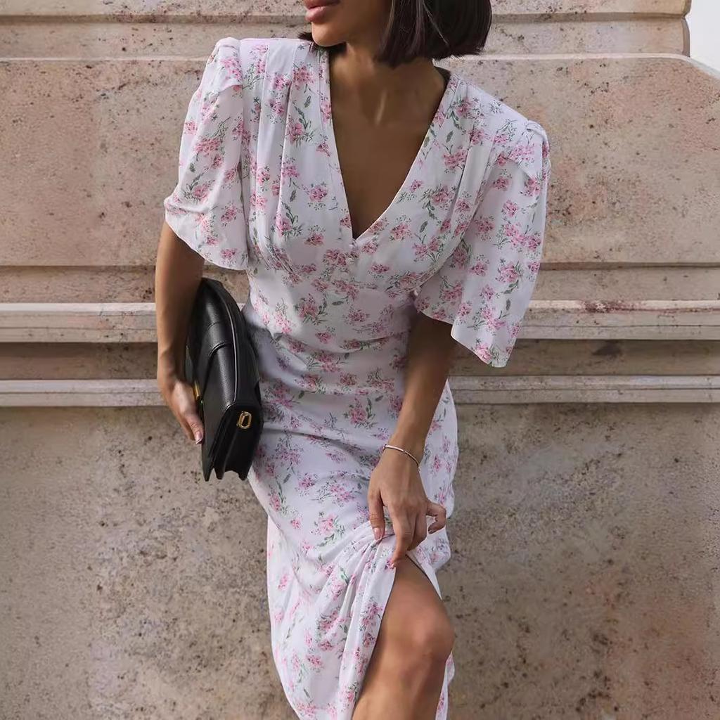 Short-sleeved Floral Dress European and American Summer New V-neck Front Shoulder High Waist Long Floral Dress