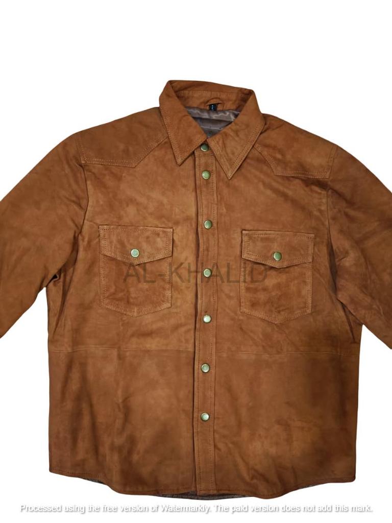 New Handmade Stylish Casual Mens Brown Suede Leather Shirt Button Pure Lambskin