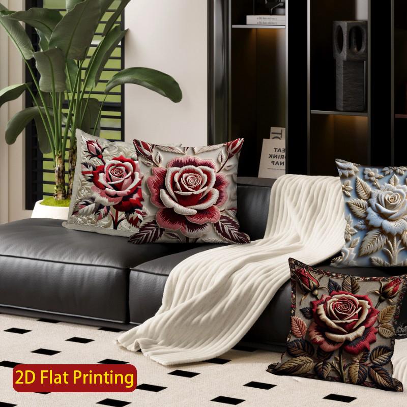 2D  Vintage Embossed Rose Decorative Throw Pillow Covers Pattern Cushion Cover Suitable For Sofa Bedroom Car Pillow Cover