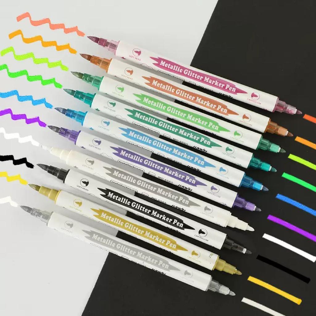 Metallic Dual Tip Marker Pens, with Brush And Fine nibs, For Album DIY, Black Cards, Scrapbooking, Craft Supplies